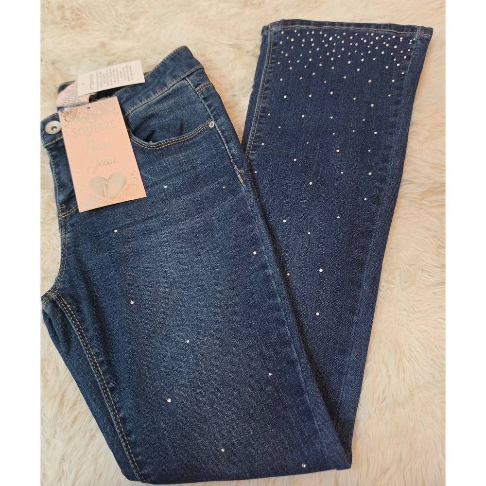 NWT Squeeze Girls Rhinestone Bling Flare Denim Jeans Size 8 Sparkle Dark Blue